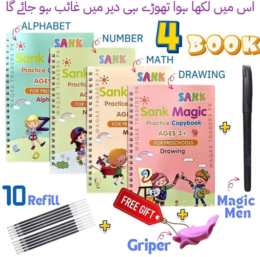 Sank Montessori Reusable Magic Books 4 Magic Books+1 Magic Pen+10 Refills+1 Grip Children's Calligraphy Book