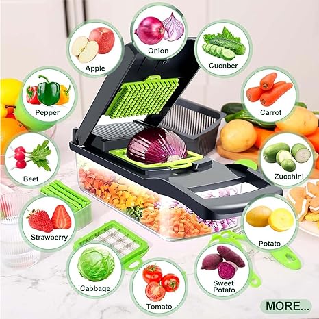 16-in-1 Vegetable Chopper & Slicer – Multi-Functional with Colander and Storage Container
