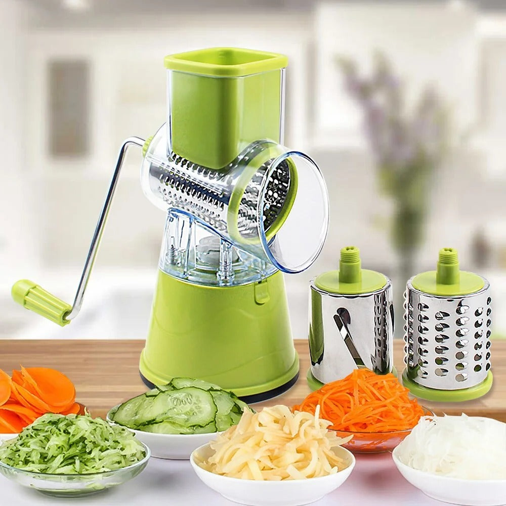 Manual 3‑in‑1 Vegetable Cutter & Drum Grater – Round Slicer Multifunctional Kitchen Gadget