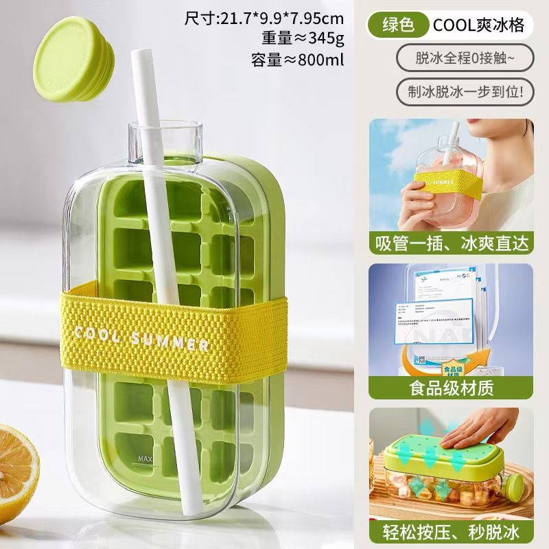 Ice Cube Bottle, 2 in 1 Touch-Free Ice Cube Tray Water Bottle with Lid and Bin, 800ml