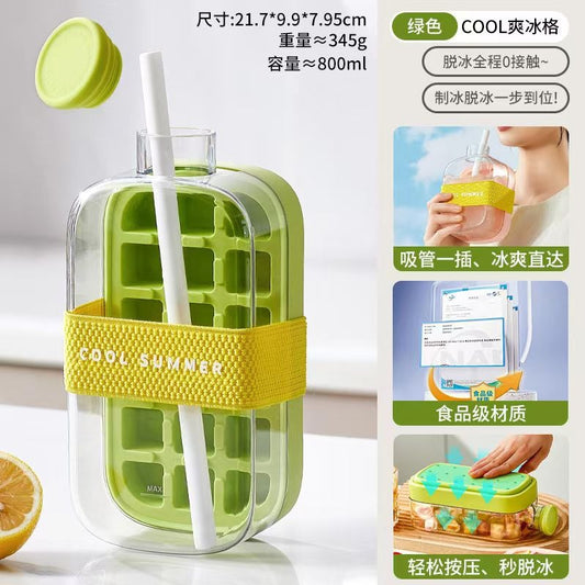 Ice Cube Bottle, 2 in 1 Touch-Free Ice Cube Tray Water Bottle with Lid and Bin, 800ml