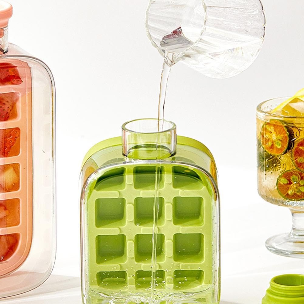 Ice Cube Bottle, 2 in 1 Touch-Free Ice Cube Tray Water Bottle with Lid and Bin, 800ml
