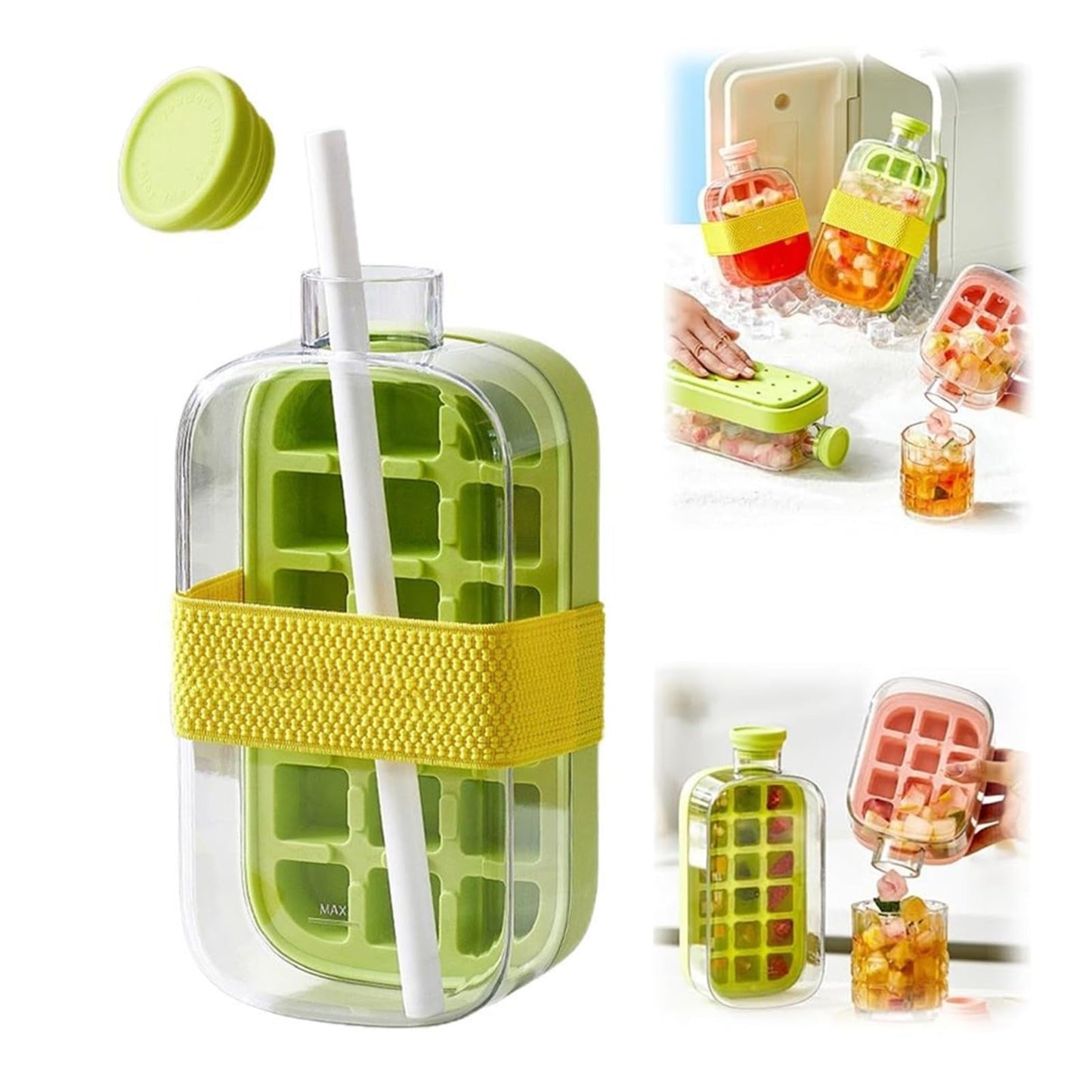 Ice Cube Bottle, 2 in 1 Touch-Free Ice Cube Tray Water Bottle with Lid and Bin, 800ml
