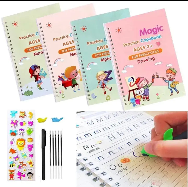 Sank Montessori Reusable Magic Books 4 Magic Books+1 Magic Pen+10 Refills+1 Grip Children's Calligraphy Book