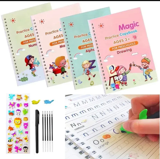 Sank Montessori Reusable Magic Books 4 Magic Books+1 Magic Pen+10 Refills+1 Grip Children's Calligraphy Book