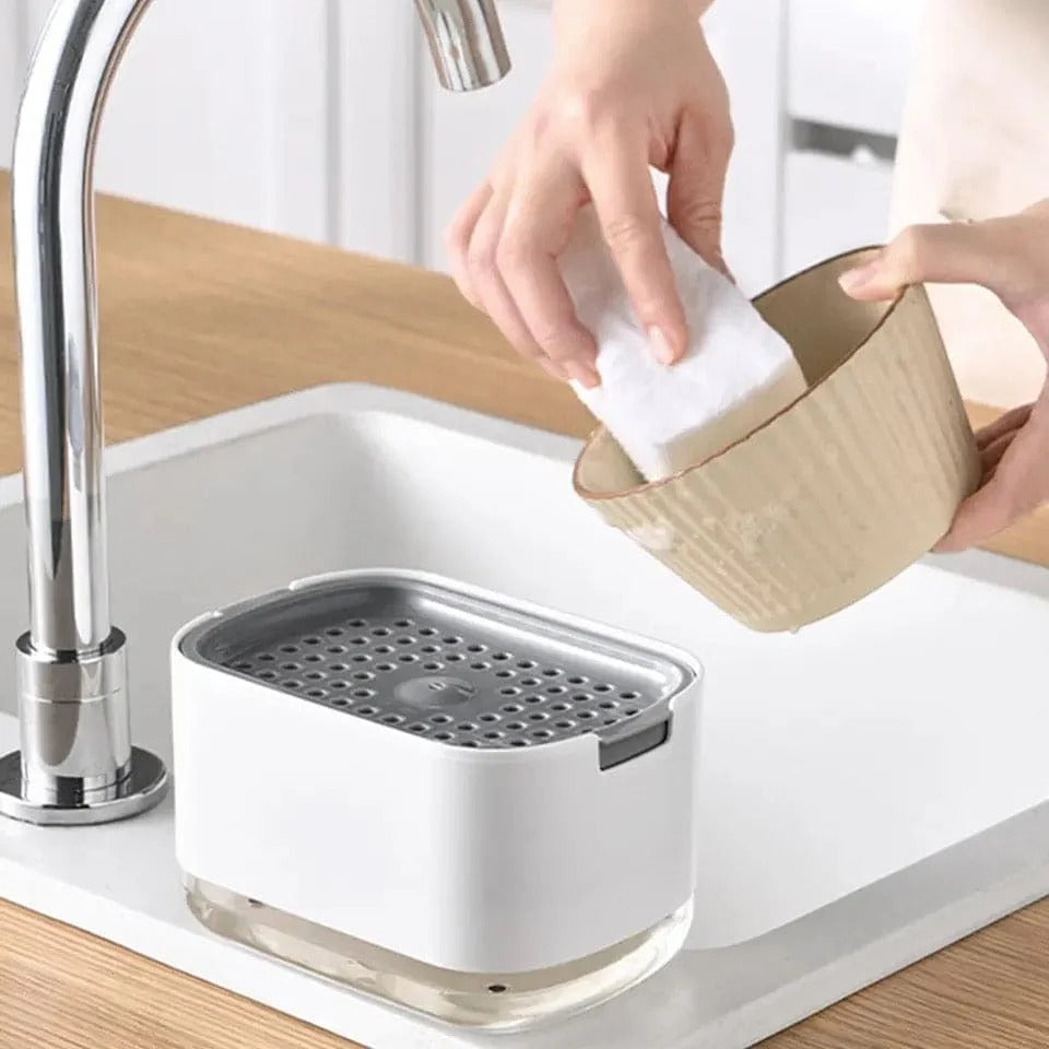 Dish Soap Dispenser with Sponge Holder for Kitchen Sink, Easy One-Handed Use