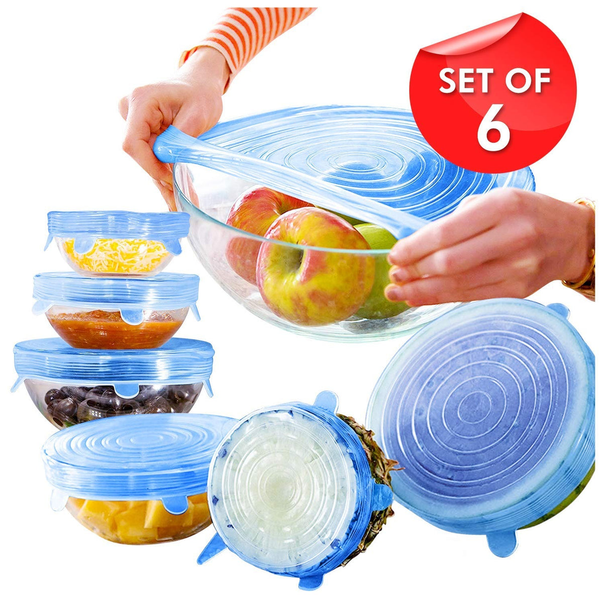 Silicone Stretch-Lids and Reusable Bowl-Covers (6, 6) Set of Various Stretchy Sizes