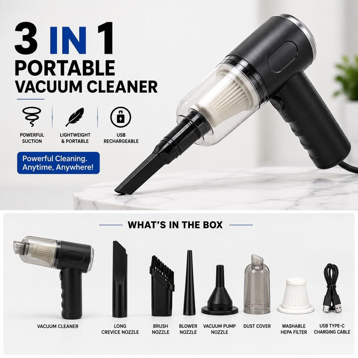 3 In 1 Portable Vacuum Cleaner - Wireless Handheld Vacuum Cleaner