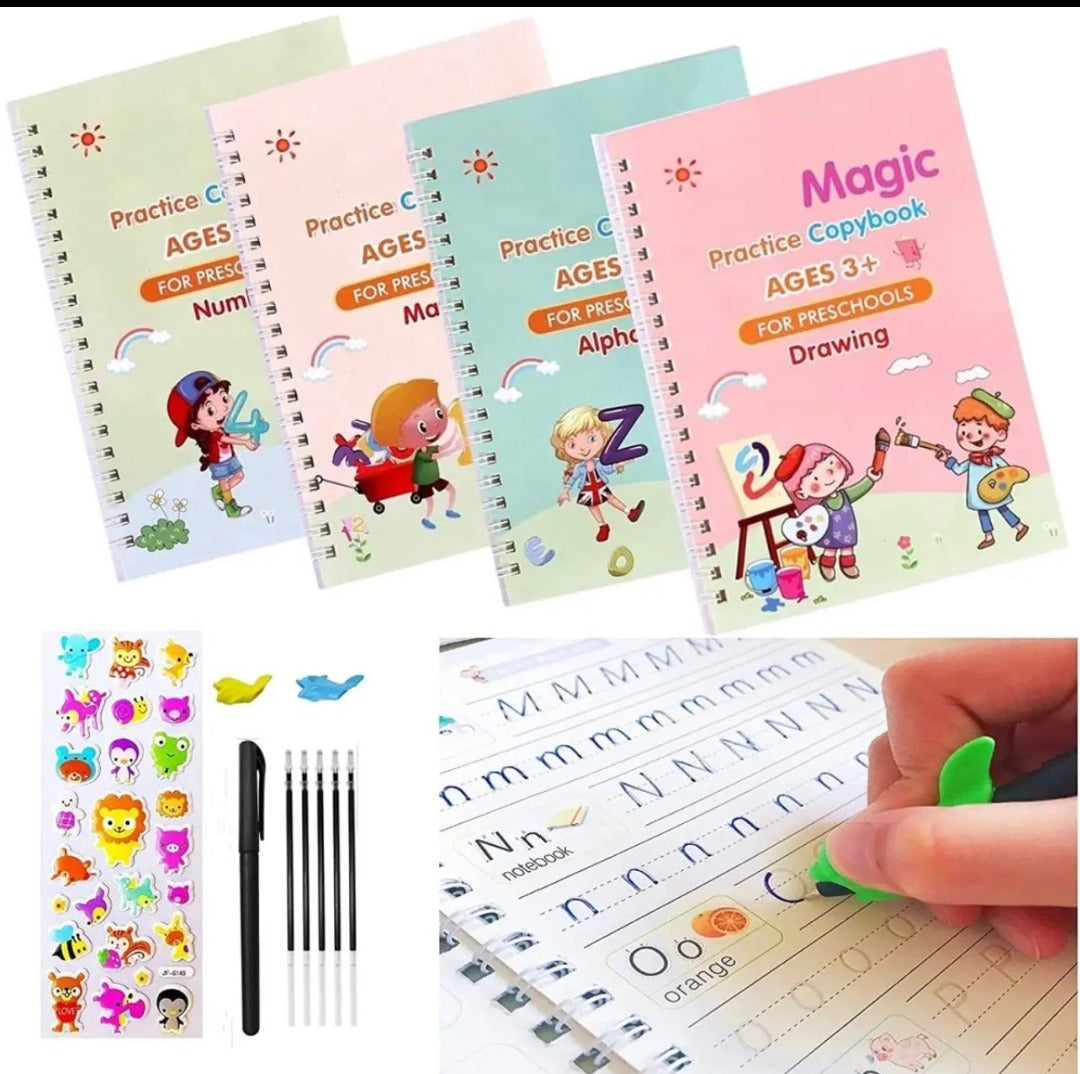 Sank Montessori Reusable Magic Books 4 Magic Books+1 Magic Pen+10 Refills+1 Grip Children's Calligraphy Book